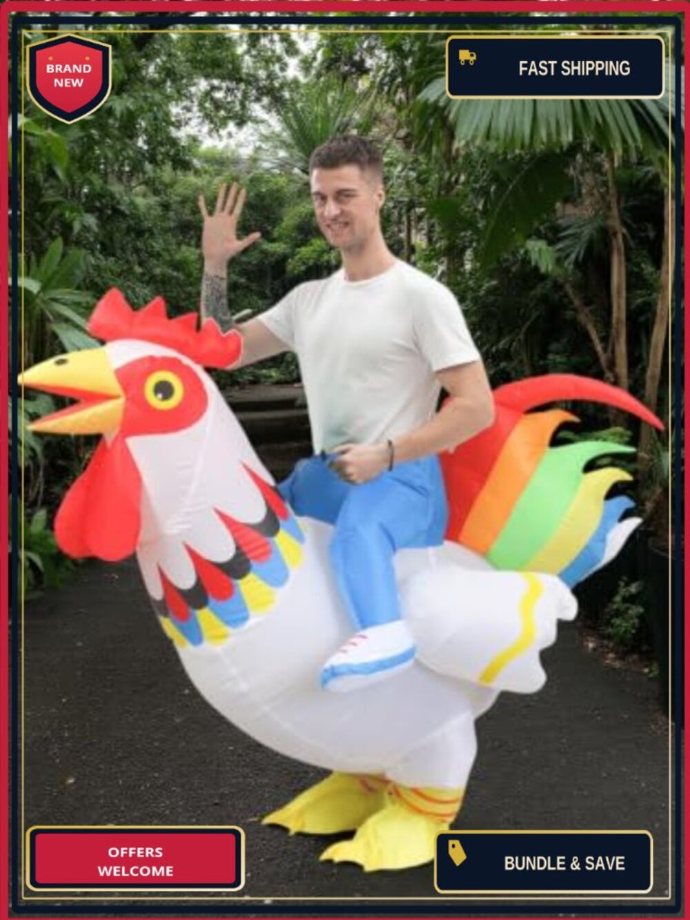 Adult Inflatable Ride-On Rooster Costume Smart LED Lights Adjustable Waist - Picture 4 of 6